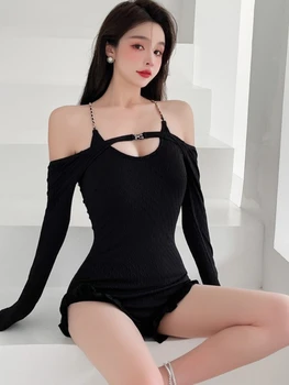 Sexy Cruce Neagră Halter-O bucată de costume de Baie Noi Maneca Lunga Femei Nișă Design Dorinta Pura de Talie Doamnelor Costume de baie în Stil coreean