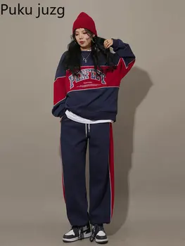 Puku Juzg Sport Femei Seturi de Mozaic O-gât Scrisoarea Imprimate Vrac Thickend Bluze Topuri Casual coreean Pantaloni pentru Femeie Costume
