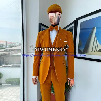 Toamnă/Iarnă Bărbați De Lux De Nunta Costume Mire, Costum De Hombre Catifea Stil Retro Portocaliu Blazer Set 3 Piese (Haina+Vesta+Pantaloni) 2022