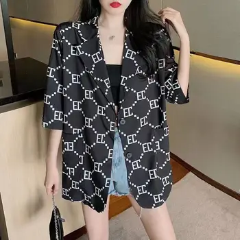 Blazer De Vară Șifon Bluza Sacou Femei De Moda Coreeană Scrisoare De Imprimare Subțire Jumătate Cu Mâneci Tricou High Street Top Femei Haine