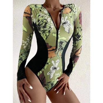 Peachtan Mozaic-o singură bucată de costume de baie femei cu Fermoar costume de baie Sport de sex feminin monokini Print costum de baie O-gât bodysuit 2021 noi