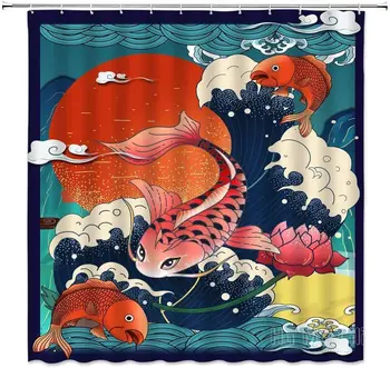 Koi De Pește Perdea De Duș Hokusai Val Mare Lună Plină De Pește Floare De Lotus Soare Vintage Creative Japoneze Asiatice Stil De Arta