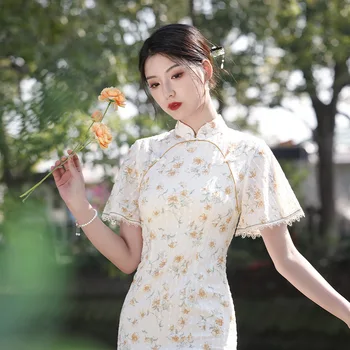 FZSLCYIYI Tradiționale Mandarin Guler Genunchi-Lungime Cheongsam Femei Elegante Chineză Clos Maneca Qipao Rochie