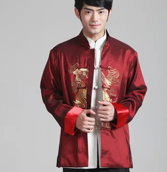 Maneca Lunga Broderie Dragon Chinese Traditional Costum Mens Vintage Arte Martiale Kung Fu Tricou Roșu Sacou De Culoare Uza