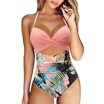 Imprimare de moda Împletit-O bucată de costume de Baie a Deschide Capacul din Spate Burtă Subțire Bikini Costume de Baie Costum de baie pentru Femei Beachwear