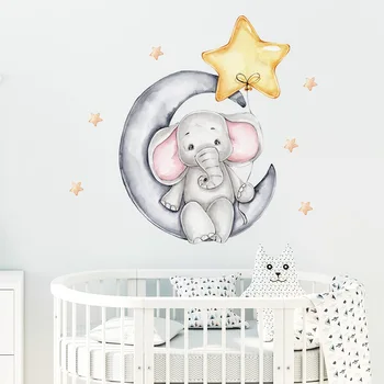 Puiul de Elefant pe Luna Steaua Autocolante de Perete pentru Camera Copii Fată Băiat Dormitor de Decorare Autocolant de Perete Decalcomanii de Interior Tapet