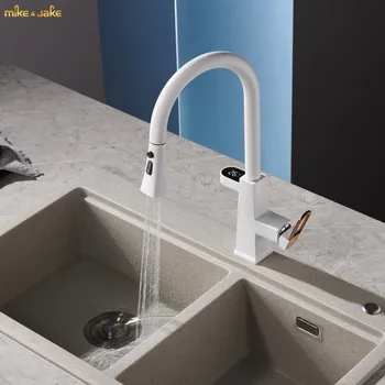 Alb robinet de bucatarie cu display de Alamă mixer de bucatarie rece si calda robinet de apă Bucătărie Scoate Robinete de bucătărie