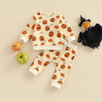 Halloween Toddler Copii Băieți Fete Tinutele De Toamna Primavara Frumoasa Cu Maneci Lungi Dovleac De Imprimare Topuri Pantaloni Gri Din Doua Piese Streetwear