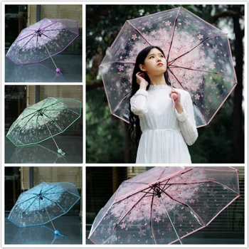 Manual de Femei Limpede Transparent Flori Umbrela Anti-UV Umbrelă de Soare Cherry Blossom 3 Pliante Umbrele de Ploaie Umbrelă de soare