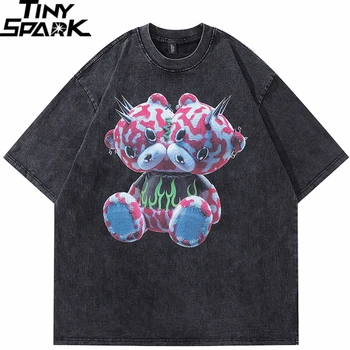 2023 Bărbați Streetwear Hip Hop Supradimensionat Tricou Spălat Negru Papusa Urs Graphic T Camasa Vintage Harajuku Tricou Bumbac Topuri Tricouri
