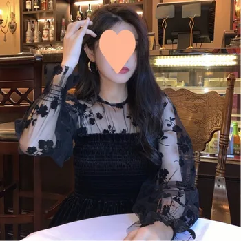 Elegant, O-Neck Mozaic ochiurilor de Plasă Ciufulit Maneca Lunga Sexy Negru Transparent se Vedea prin Top Femei de Moda Doamnelor Mesh T-shirt