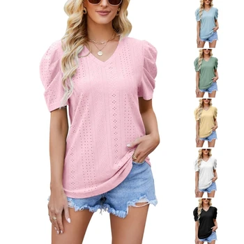 Femei Plisată Puf Cu Maneci Scurte T-Shirt V-Neck Hollow-Out Jacquard Dot Casual Culoare Solidă Vrac Top Tunica Bluze