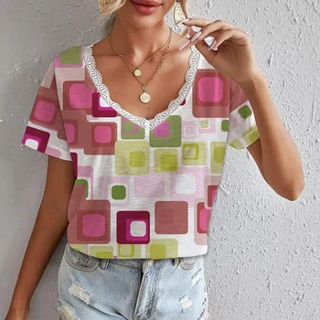 Moda Vara Noi Femei Nou Mozaic Dantela Pierde T-Shirt cu Maneci Scurte Pulover Sexy V-Neck Digital Print Top Casual 2023