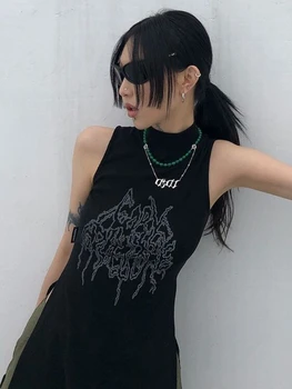 Hikigawa Chic Pentru Femei De Moda Negru Mock Neck Întuneric Punk Stil De Imprimare Sexy Fantă Tee Streetwear Casual Y2k Rezervor De Top Fără Mâneci Mujer