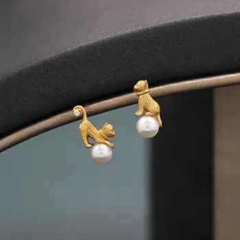 Designer ' s New in Drăguț Distracție Asimetrice Pisică Pearl Cercei pentru Femei de aur Antice măiestrie ureche stud Clasic de bijuterii cadou