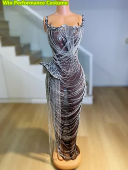 Modelul De Mers Pe Jos Show-Bar Performanță Plin De Flash Ciucuri De Dans Latino Gogos Sexy Diamond Lanț Negru Rochie
